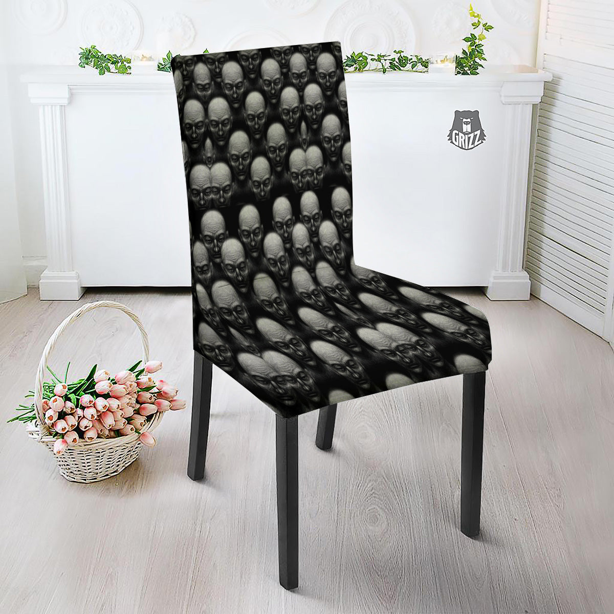 Monochrome Scary Faces Hand Drawn Print Pattern Dining Chair Slipcover-grizzshop