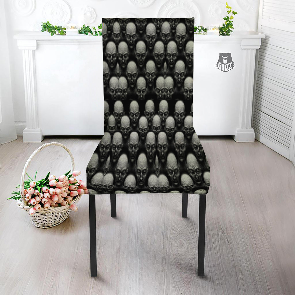 Monochrome Scary Faces Hand Drawn Print Pattern Dining Chair Slipcover-grizzshop