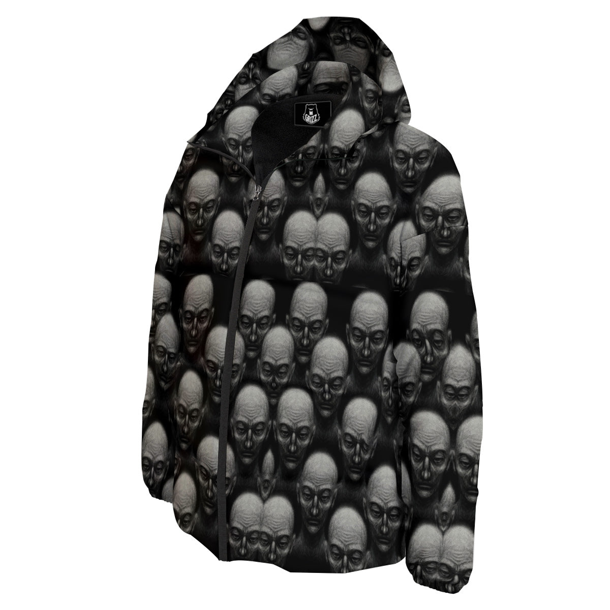 Monochrome Scary Faces Hand Drawn Print Pattern Down Jacket-grizzshop