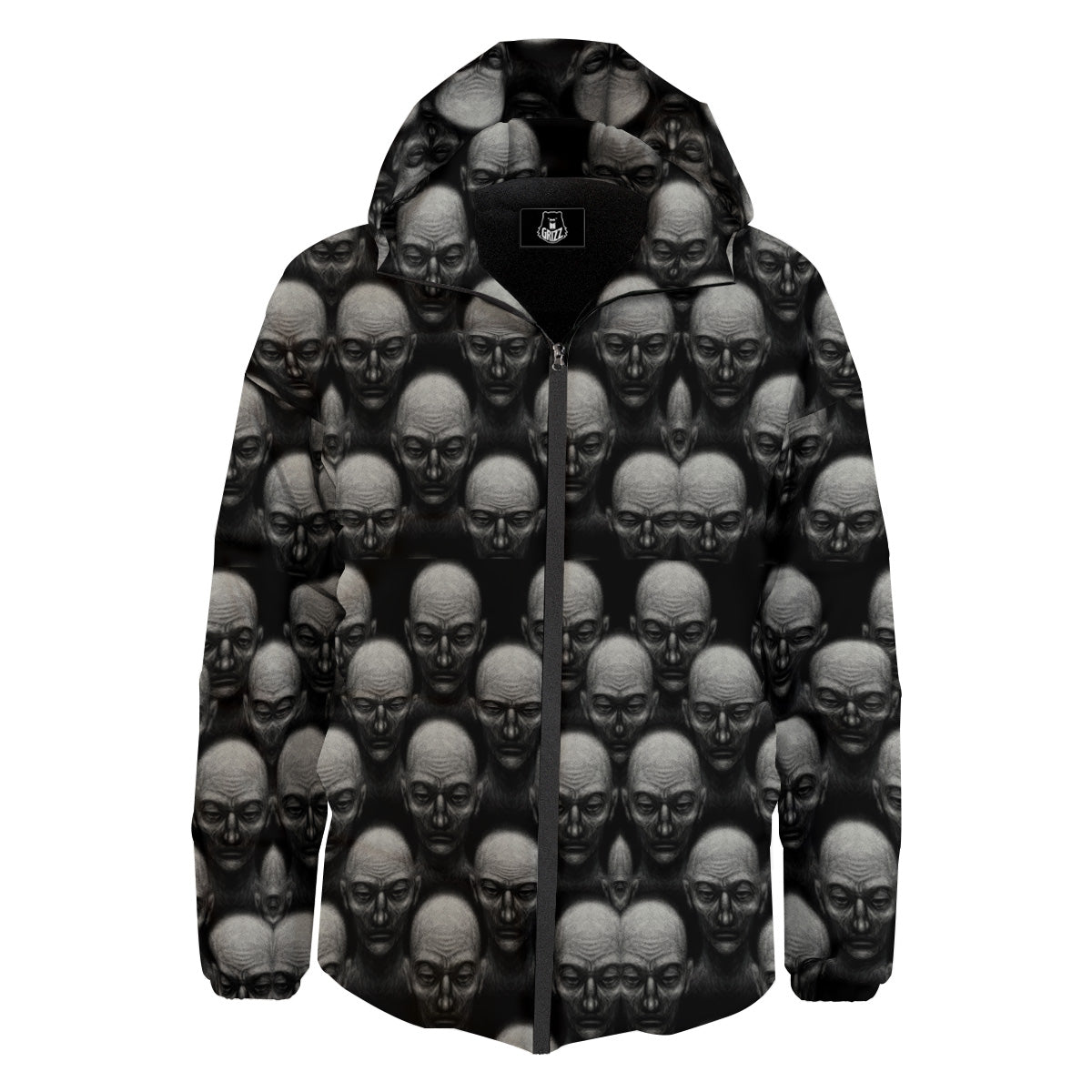 Monochrome Scary Faces Hand Drawn Print Pattern Down Jacket-grizzshop
