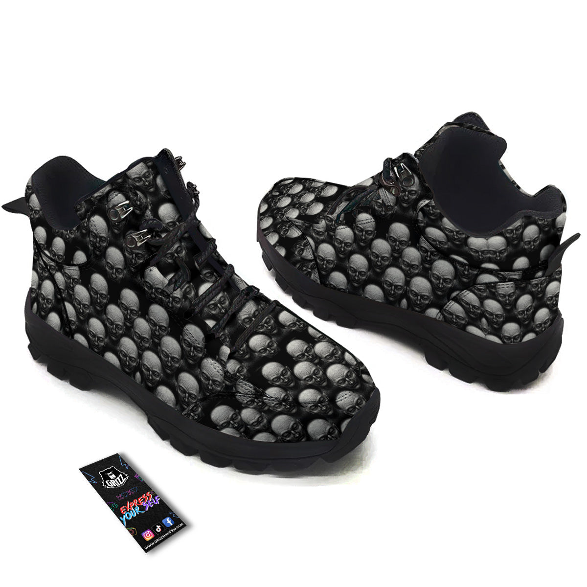 Monochrome Scary Faces Hand Drawn Print Pattern Hiking Shoes-grizzshop