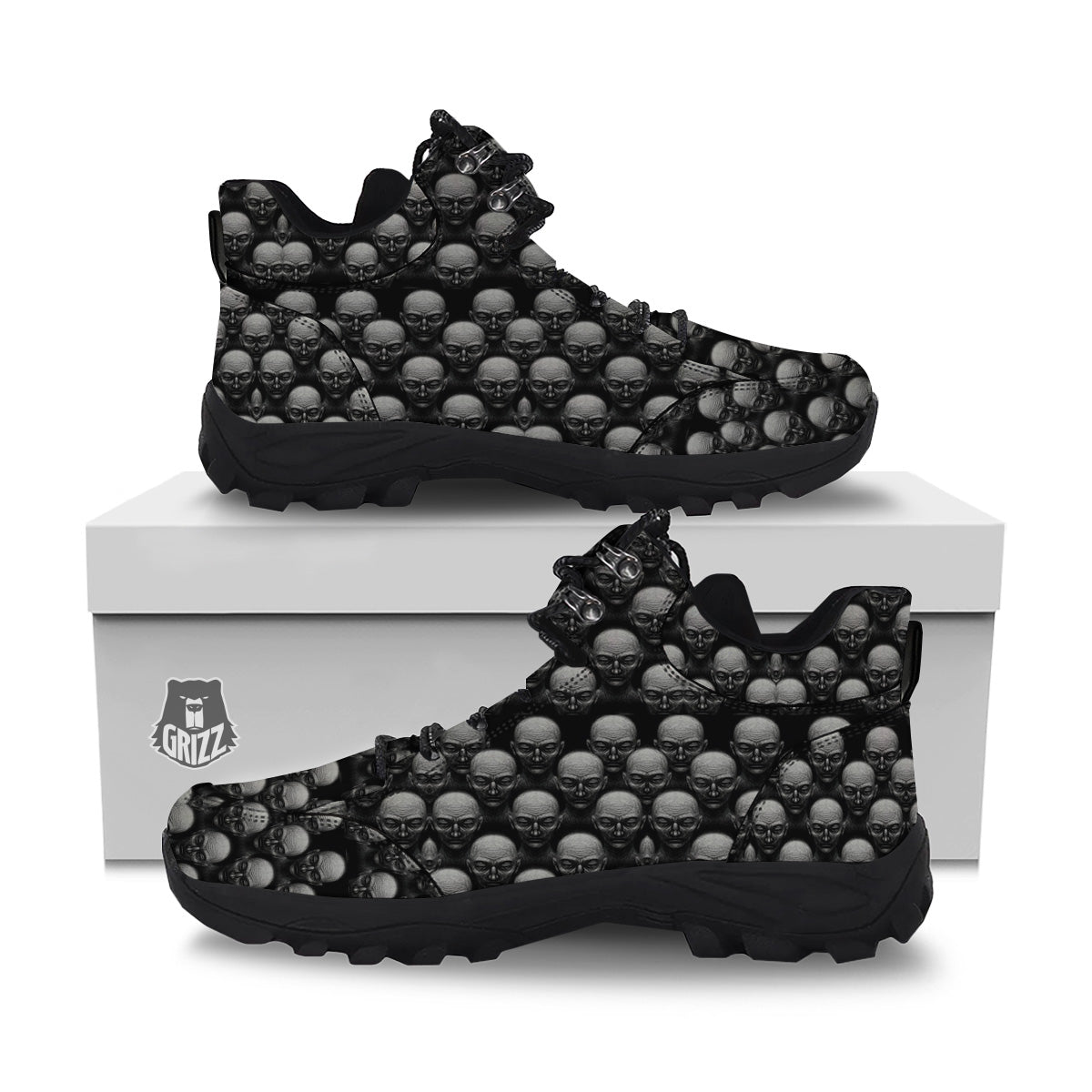 Monochrome Scary Faces Hand Drawn Print Pattern Hiking Shoes-grizzshop
