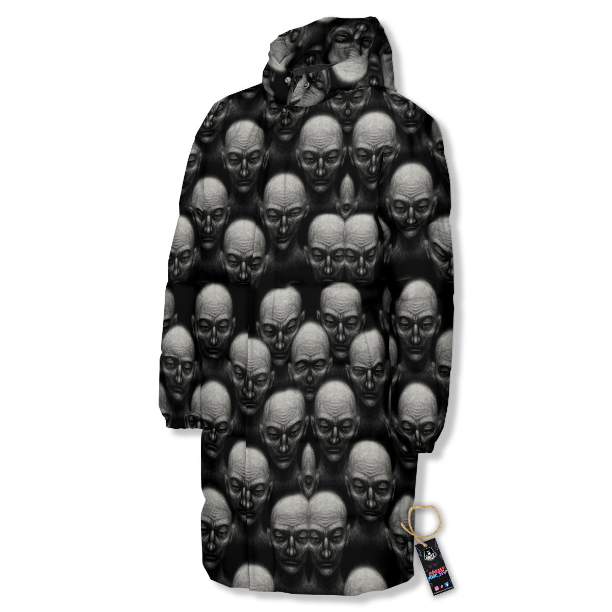 Monochrome Scary Faces Hand Drawn Print Pattern Long Down Jacket-grizzshop