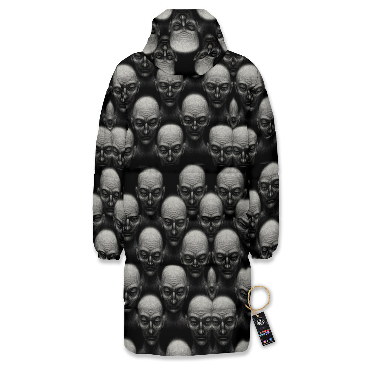 Monochrome Scary Faces Hand Drawn Print Pattern Long Down Jacket-grizzshop
