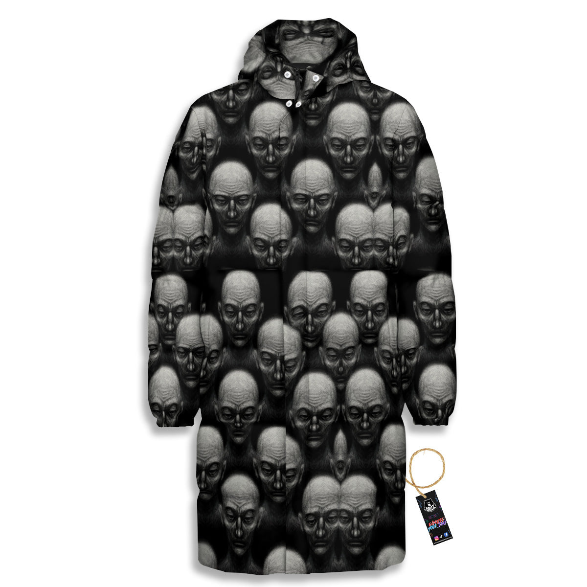 Monochrome Scary Faces Hand Drawn Print Pattern Long Down Jacket-grizzshop