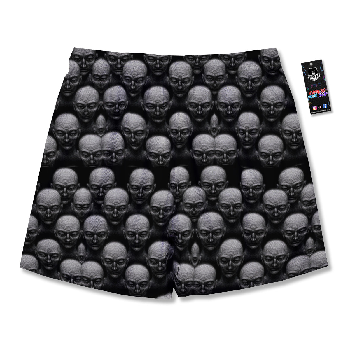 Monochrome Scary Faces Hand Drawn Print Pattern Men's Running Shorts-grizzshop