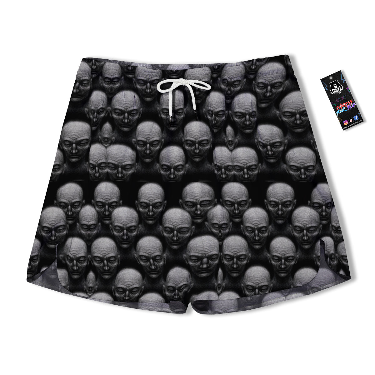 Monochrome Scary Faces Hand Drawn Print Pattern Men's Running Shorts-grizzshop