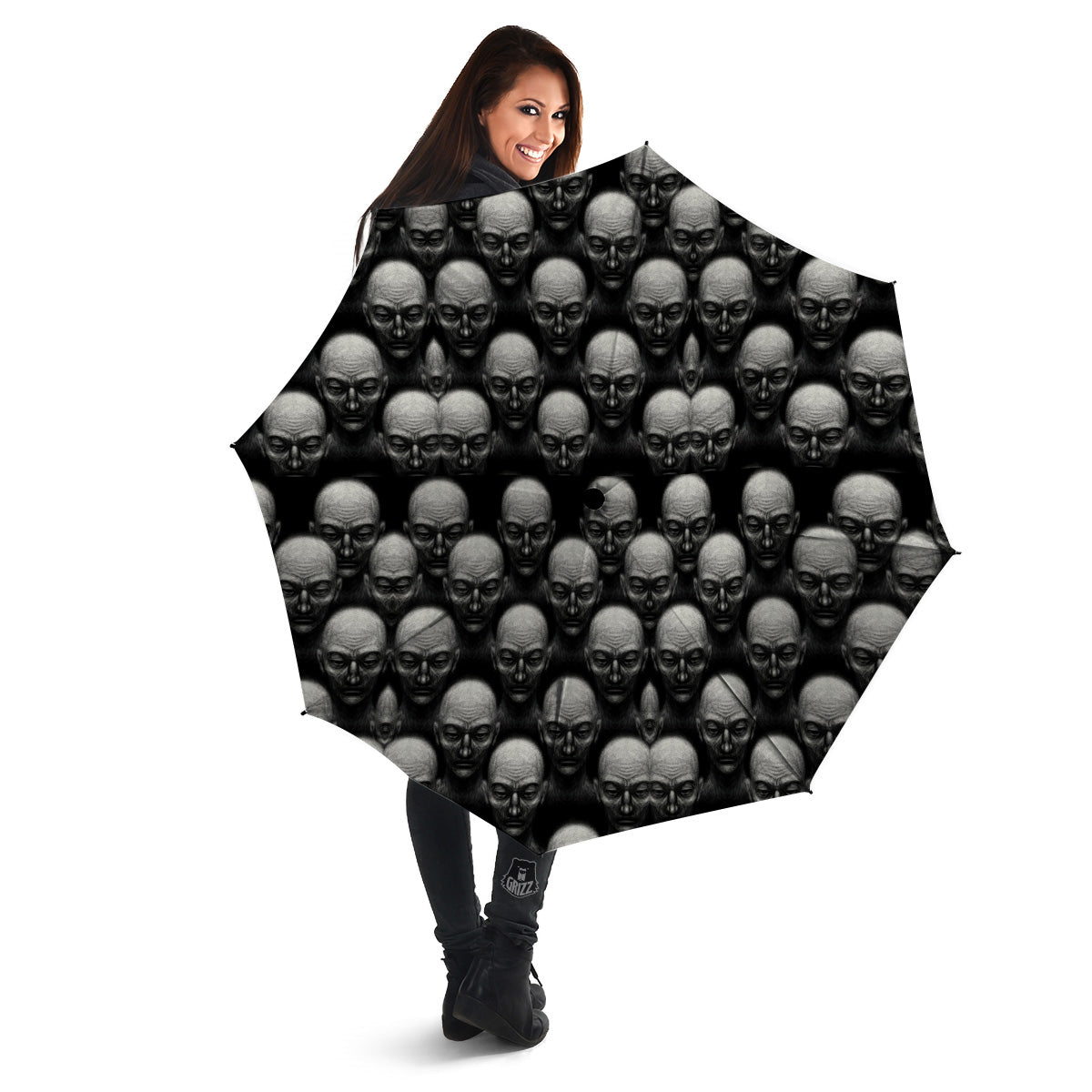 Monochrome Scary Faces Hand Drawn Print Pattern Umbrella-grizzshop