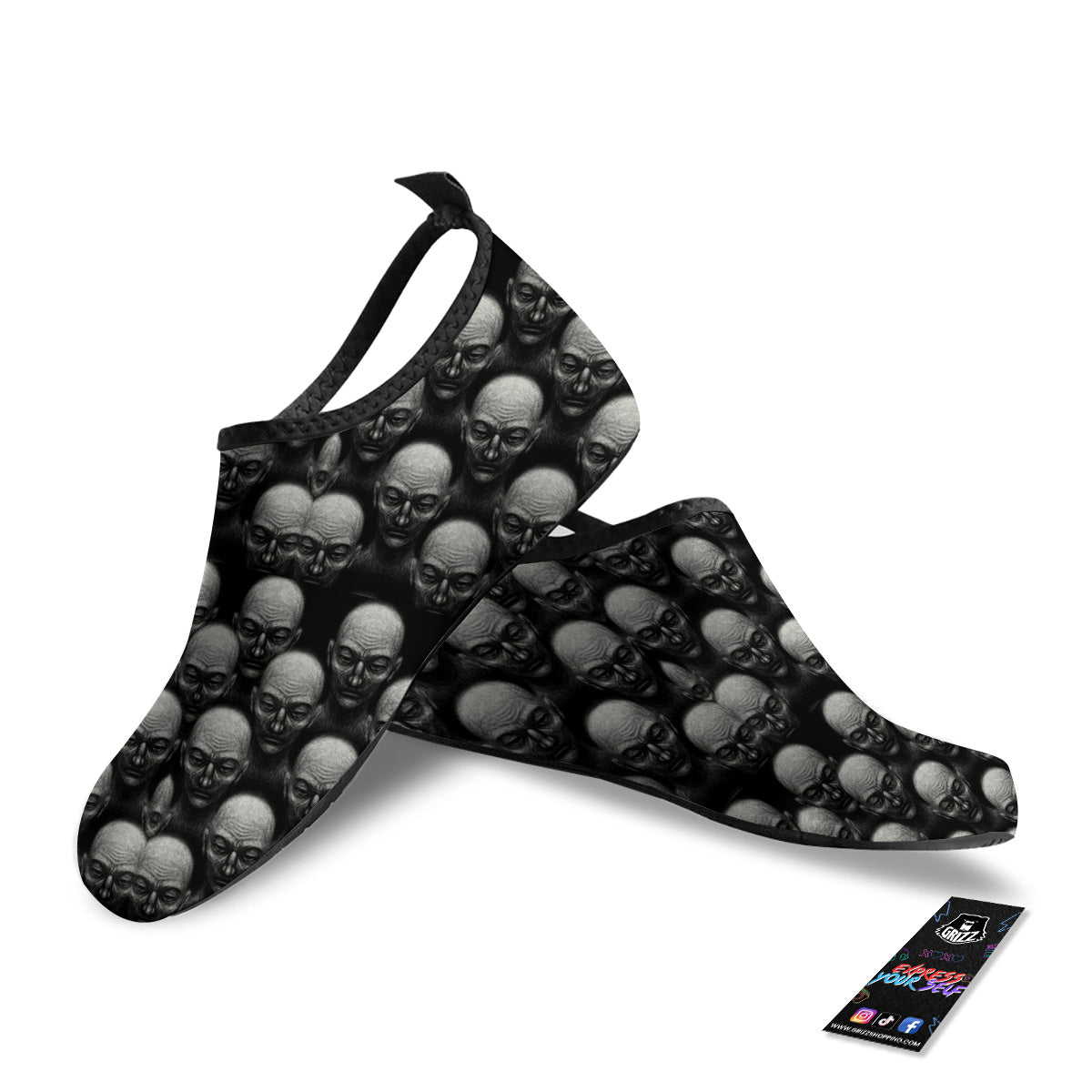 Monochrome Scary Faces Hand Drawn Print Pattern Water Shoes-grizzshop