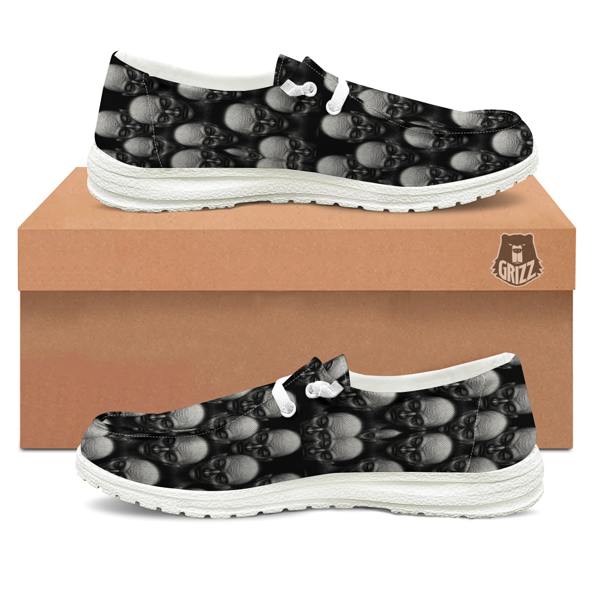Monochrome Scary Faces Hand Drawn Print Pattern White Loafers-grizzshop