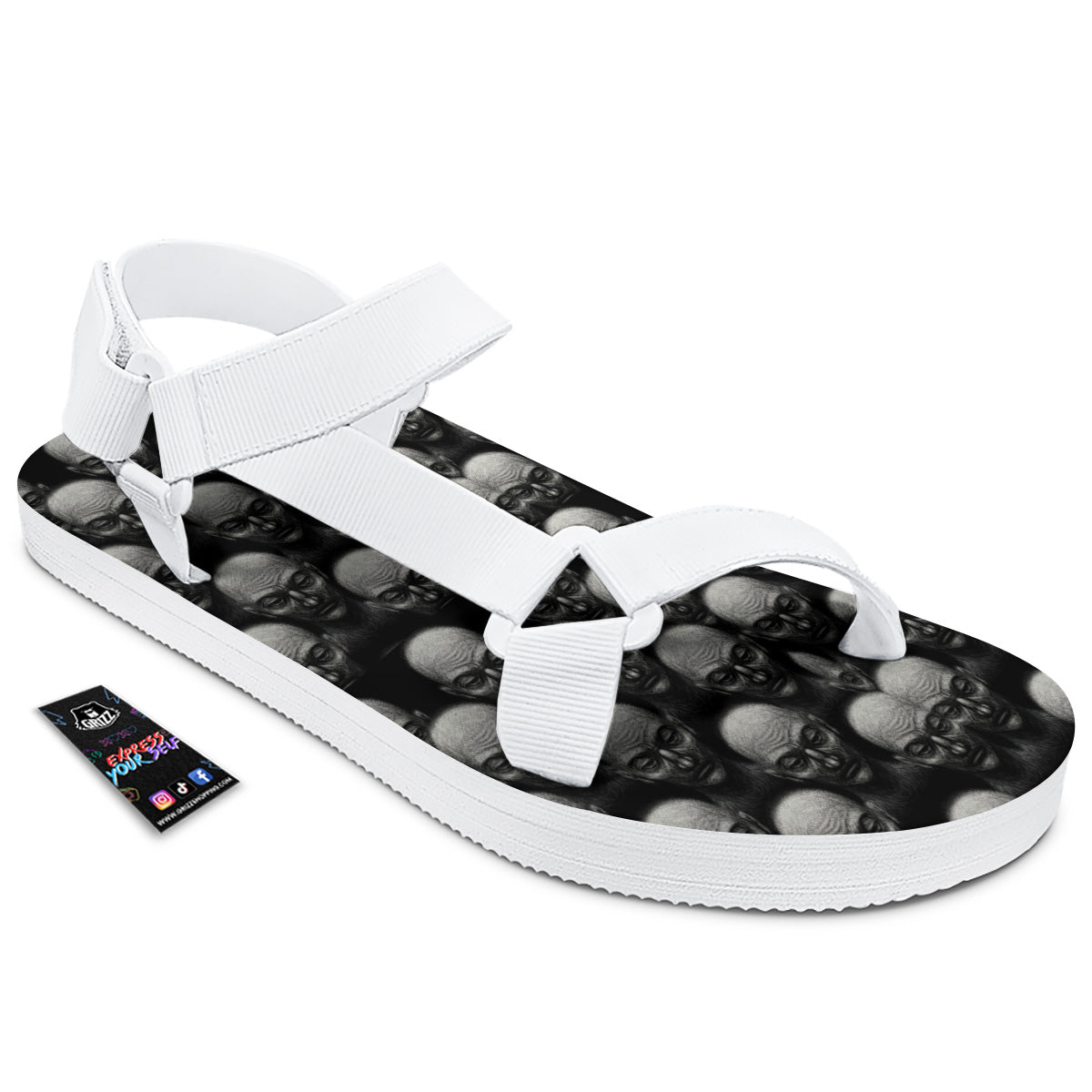 Monochrome Scary Faces Hand Drawn Print Pattern White Open Toe Sandals-grizzshop
