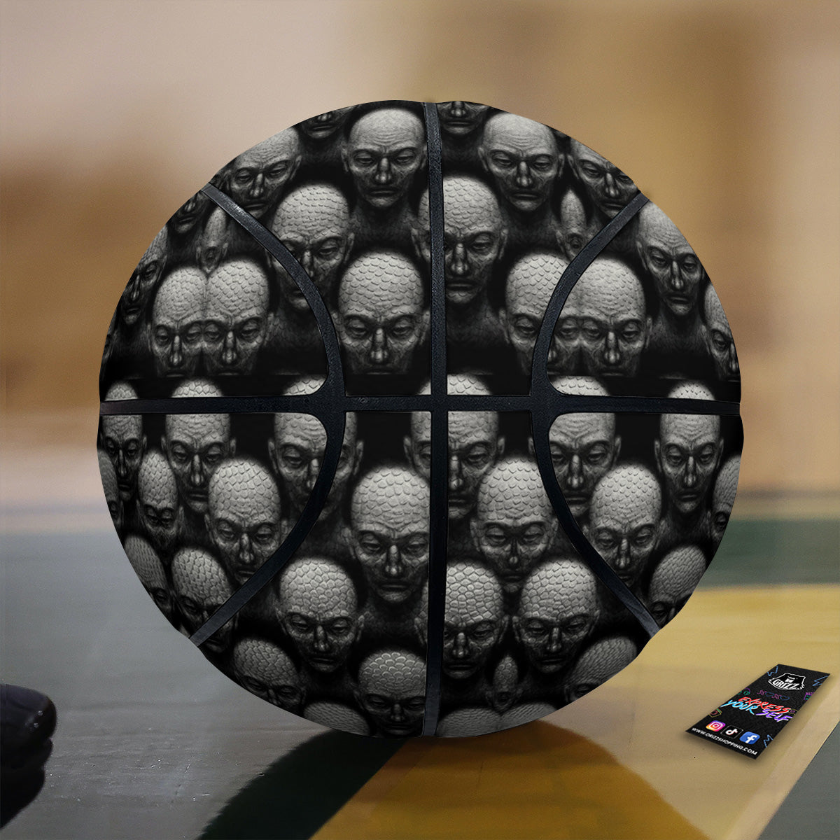 Monochrome Scary Faces Hand Drawn Print Pattern Basketball