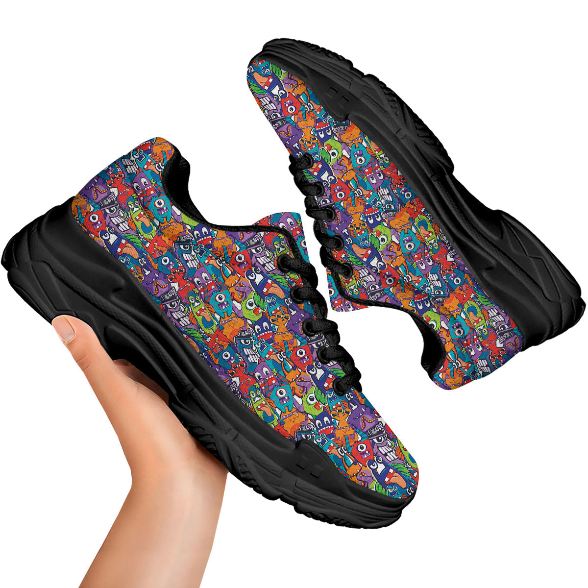 Monster Cute Print Pattern Black Chunky Shoes-grizzshop