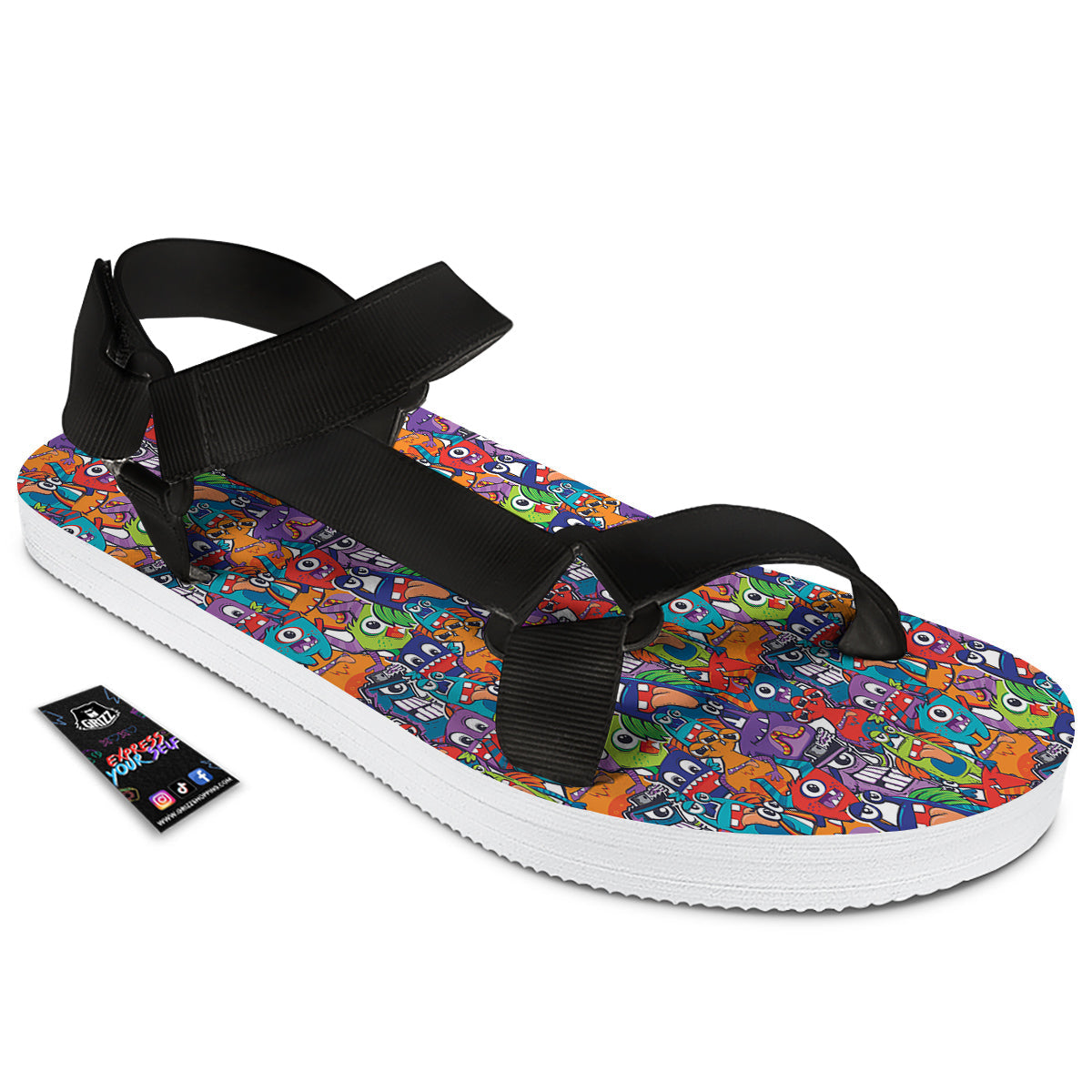 Monster Cute Print Pattern Black Open Toe Sandals-grizzshop