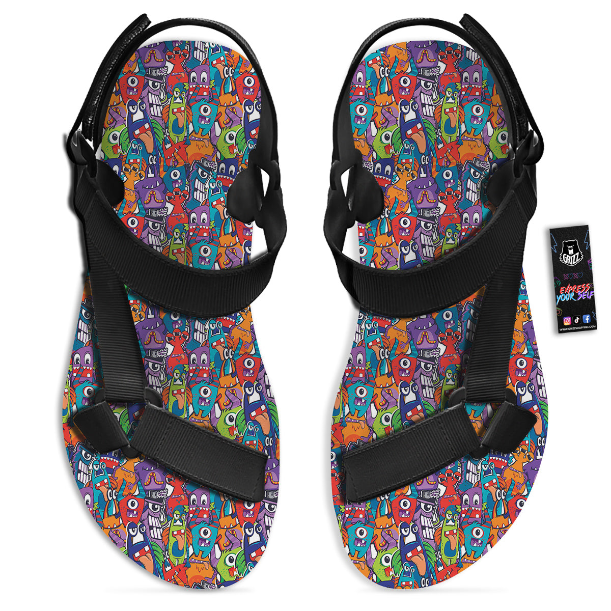 Monster Cute Print Pattern Black Open Toe Sandals-grizzshop