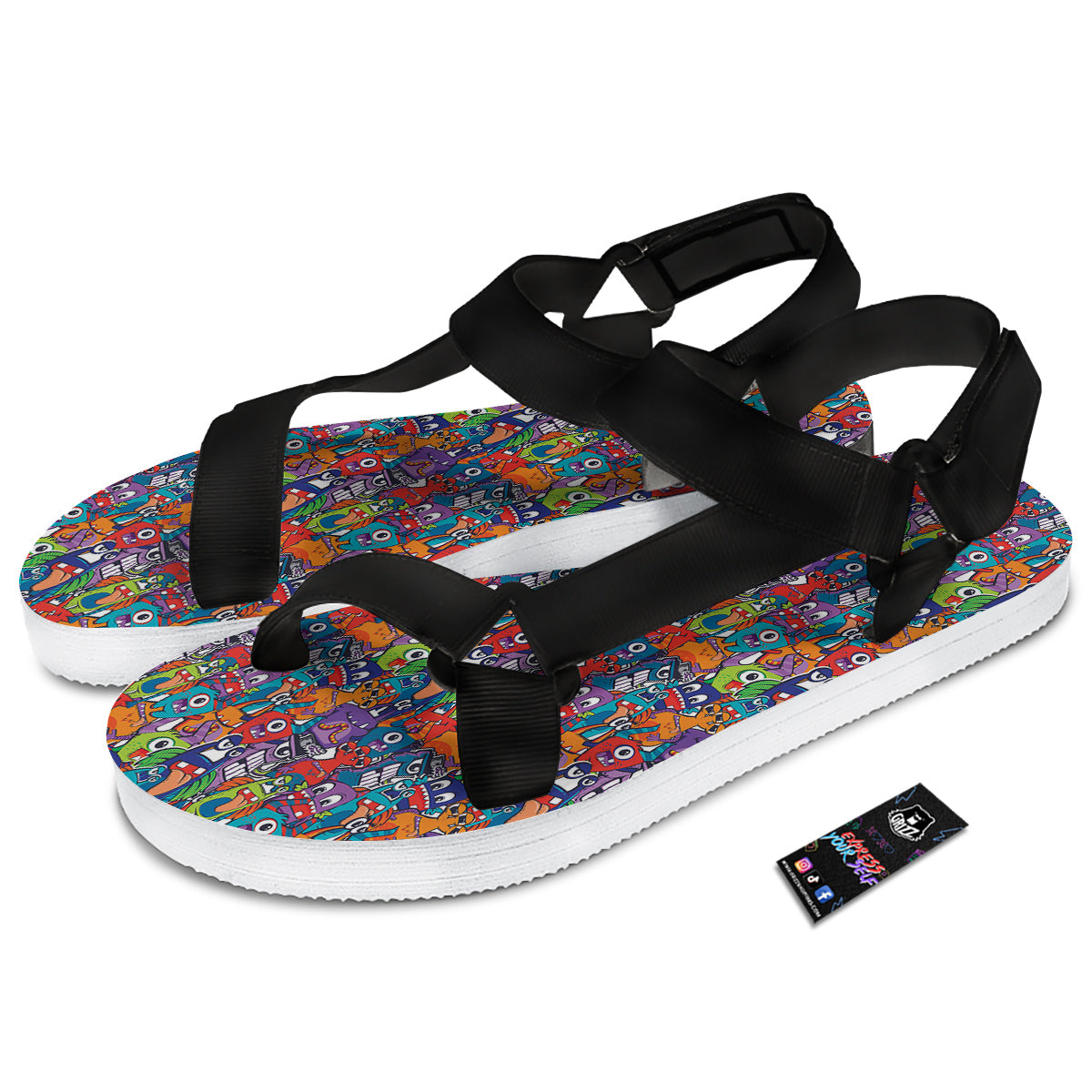 Monster Cute Print Pattern Black Open Toe Sandals-grizzshop
