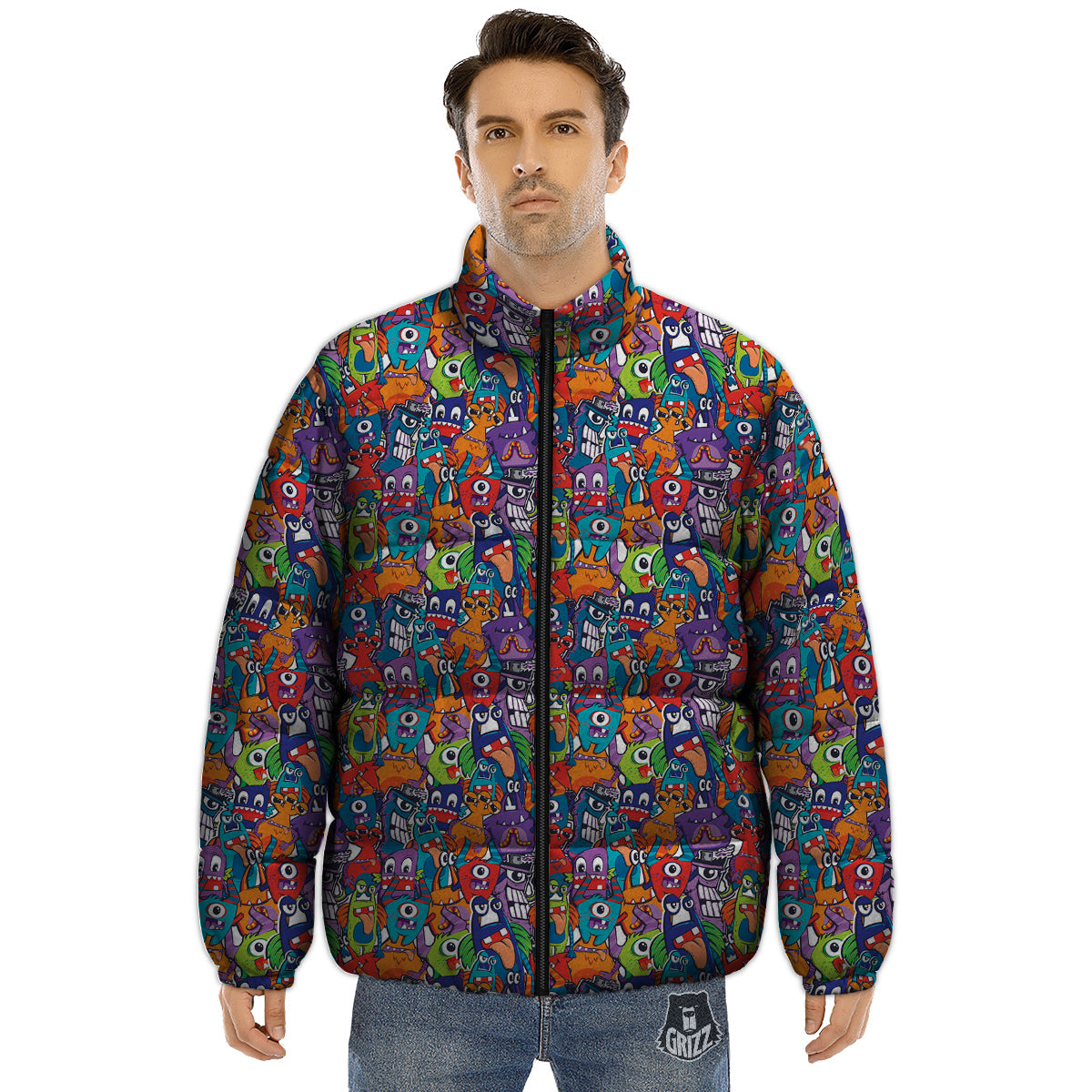 Monster Cute Print Pattern Puffer Jacket-grizzshop