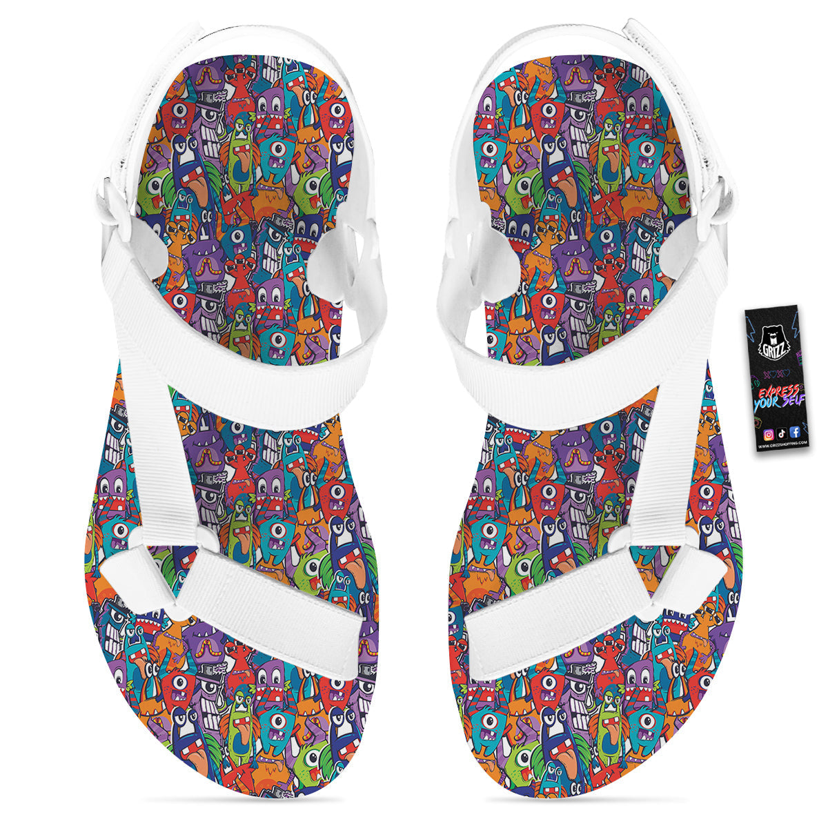 Monster Cute Print Pattern White Open Toe Sandals-grizzshop
