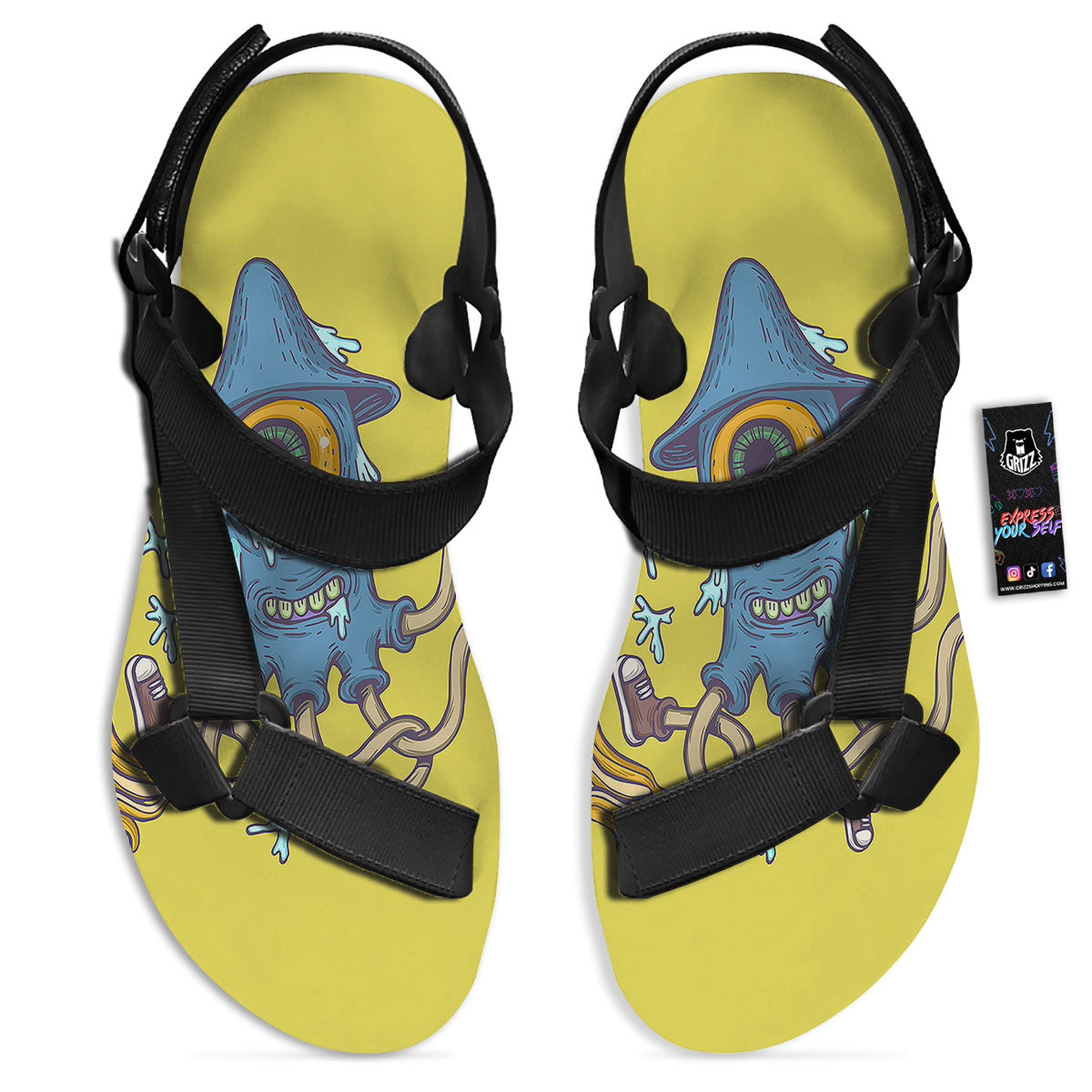 Monster Graffiti Characters Print Black Open Toe Sandals-grizzshop