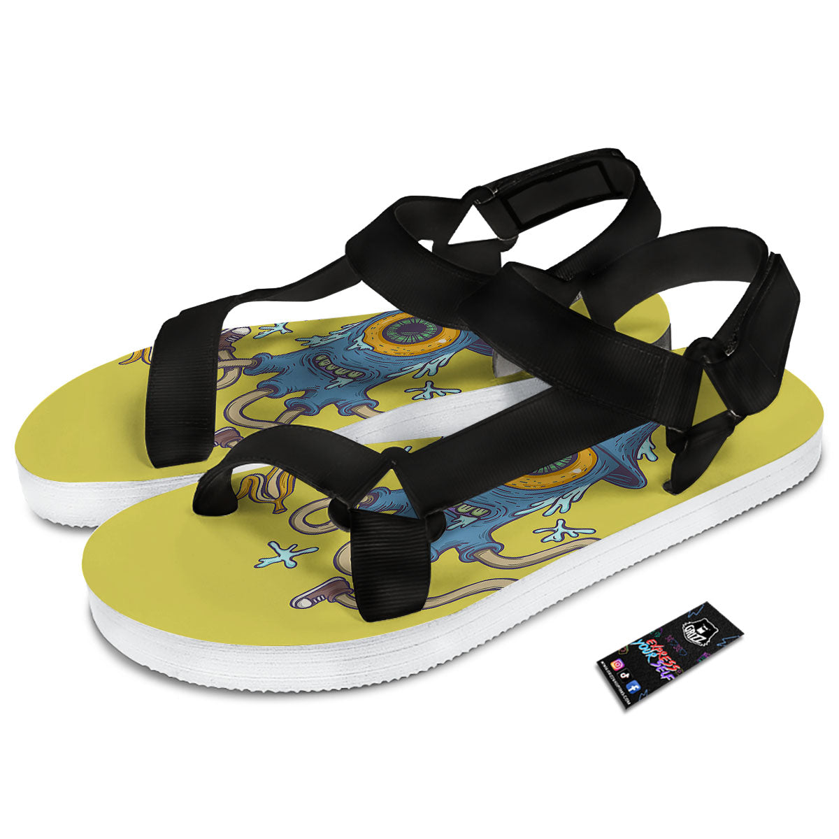 Monster Graffiti Characters Print Black Open Toe Sandals-grizzshop