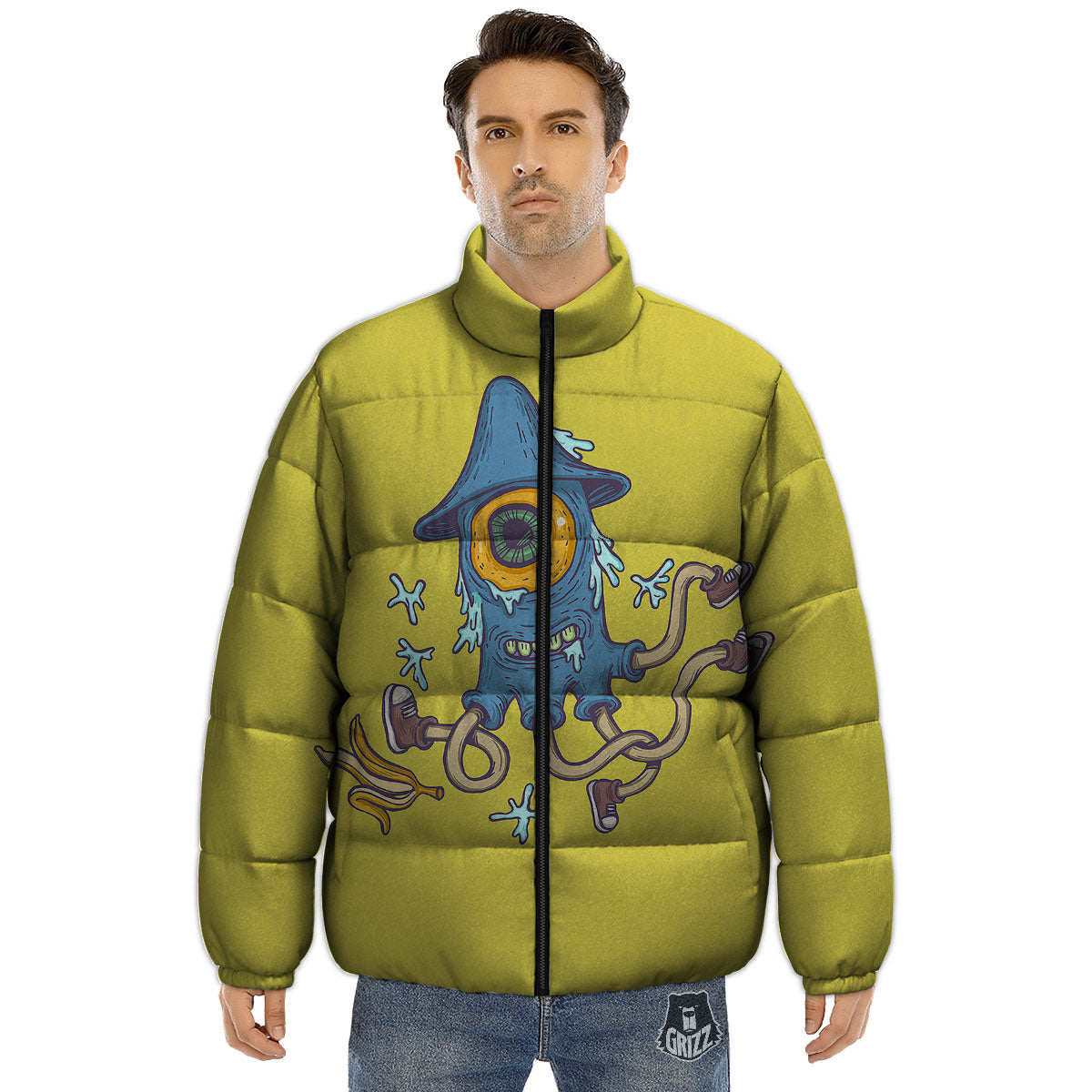 Monster Graffiti Characters Print Puffer Jacket-grizzshop