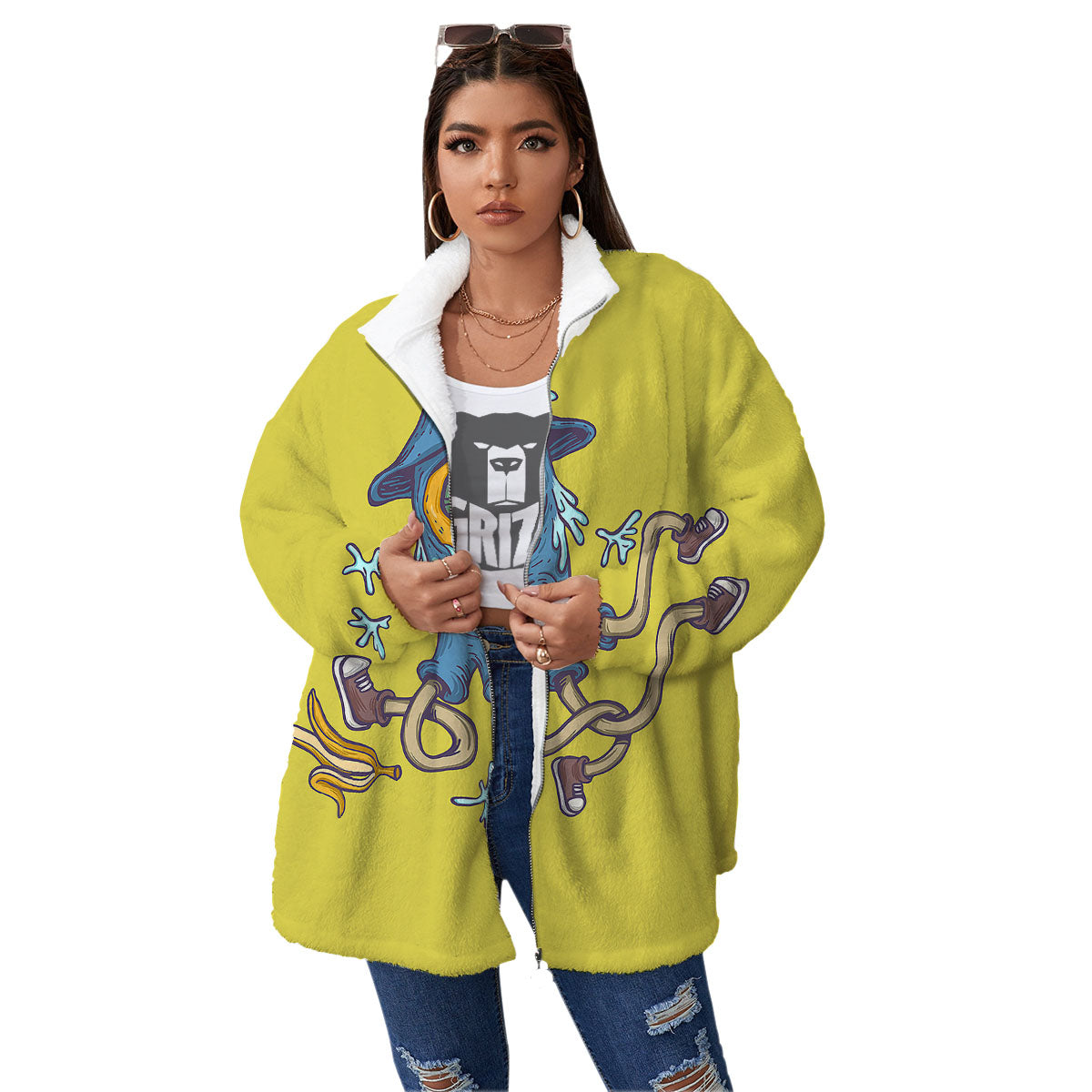 Monster Graffiti Characters Print Women's Sherpa Jacket-grizzshop