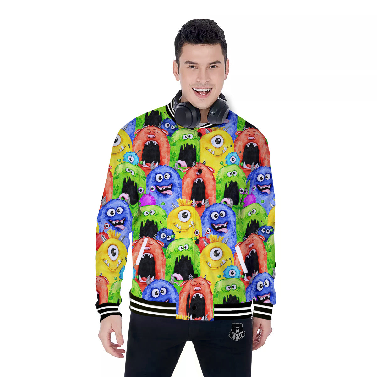 Monster Watercolor Print Pattern Baseball Jacket-grizzshop