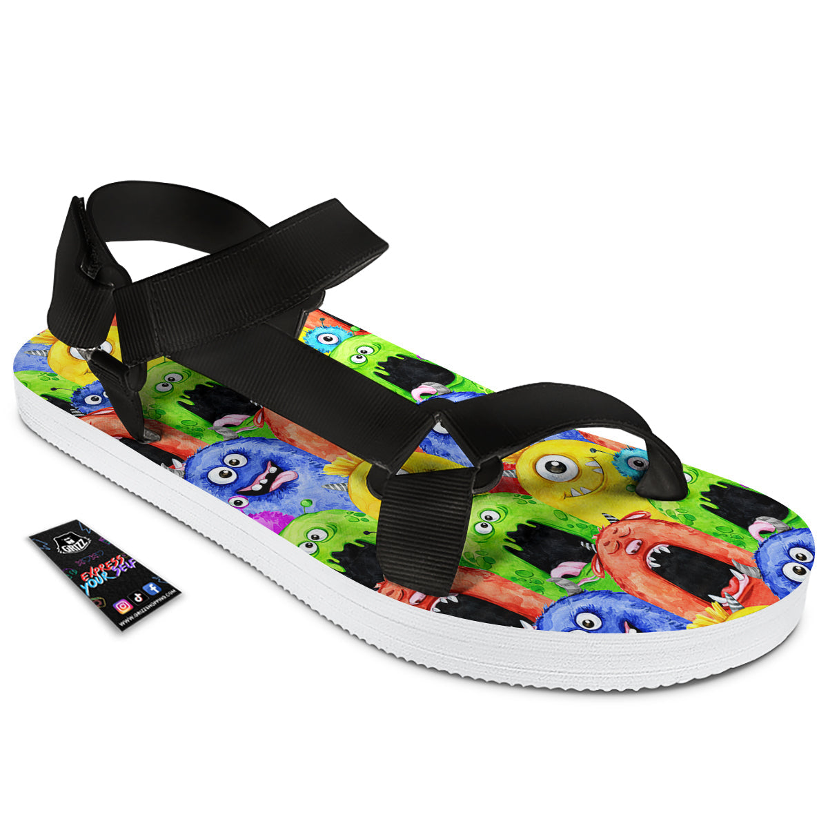 Monster Watercolor Print Pattern Black Open Toe Sandals-grizzshop