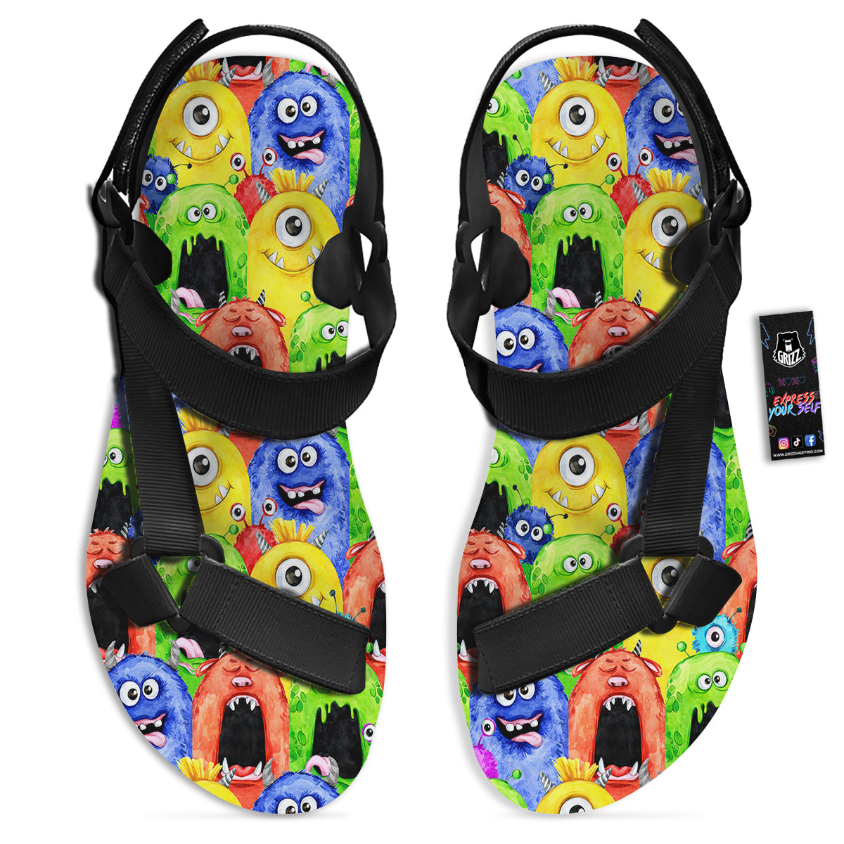 Monster Watercolor Print Pattern Black Open Toe Sandals-grizzshop