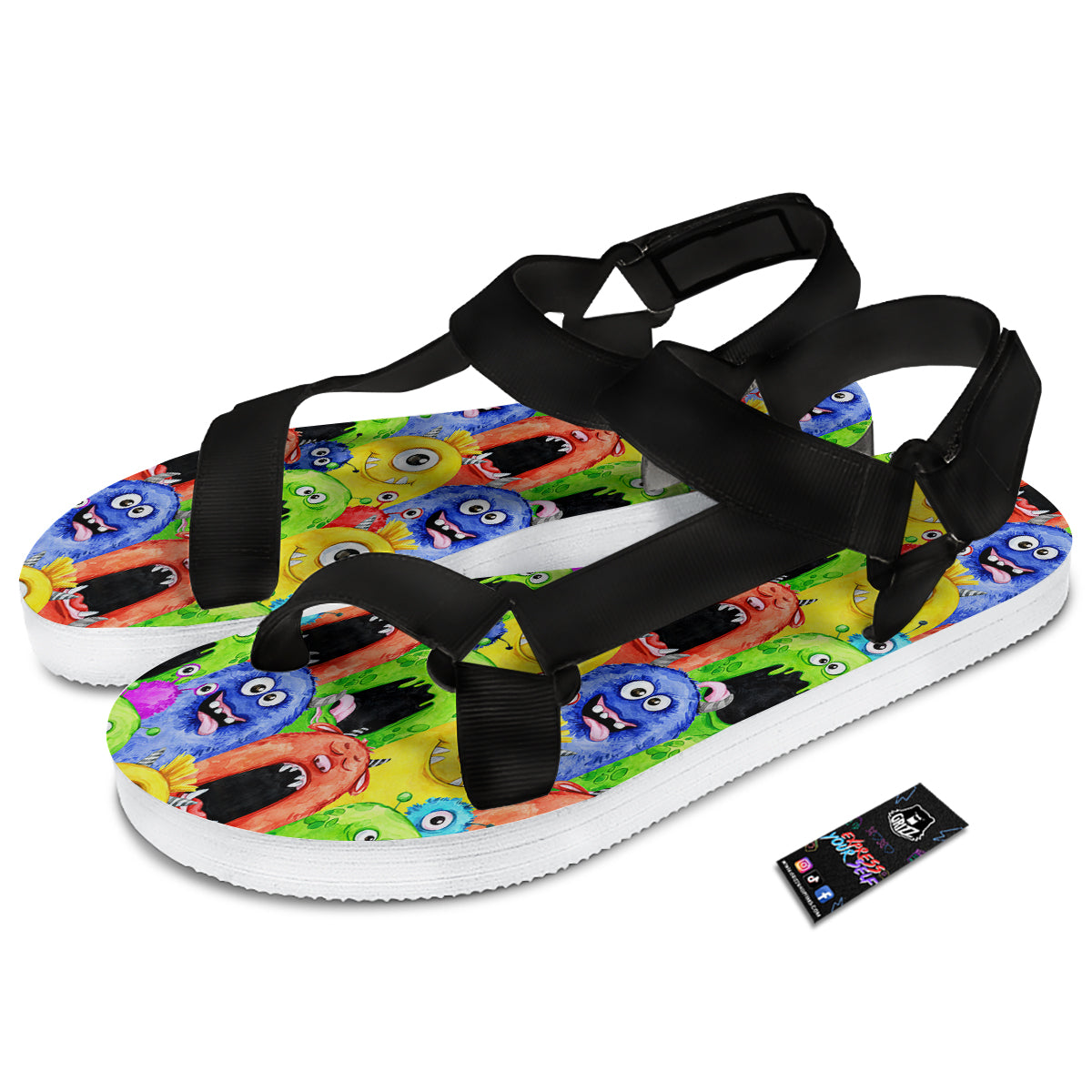 Monster Watercolor Print Pattern Black Open Toe Sandals-grizzshop