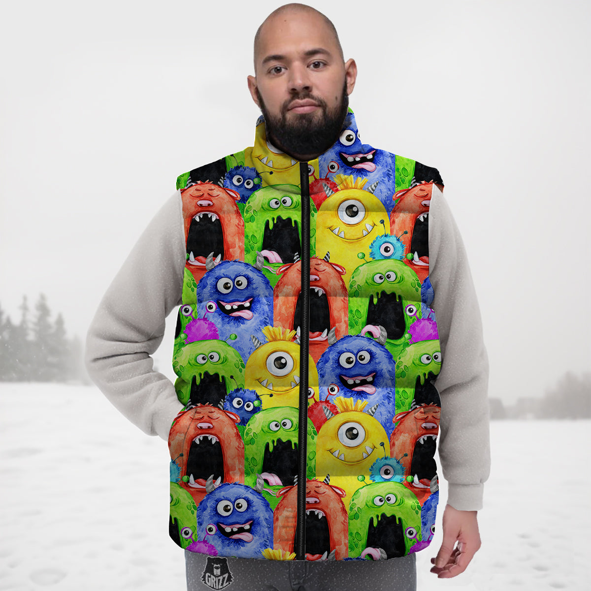 Monster Watercolor Print Pattern Down Vest