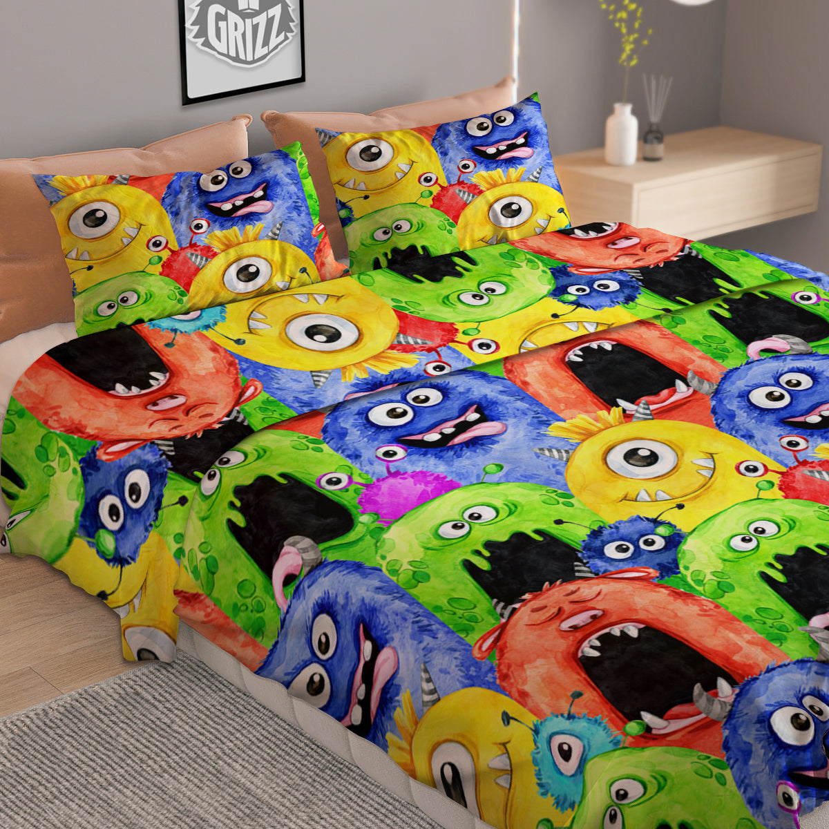 Monster Watercolor Print Pattern Duvet Cover Bedding Set
