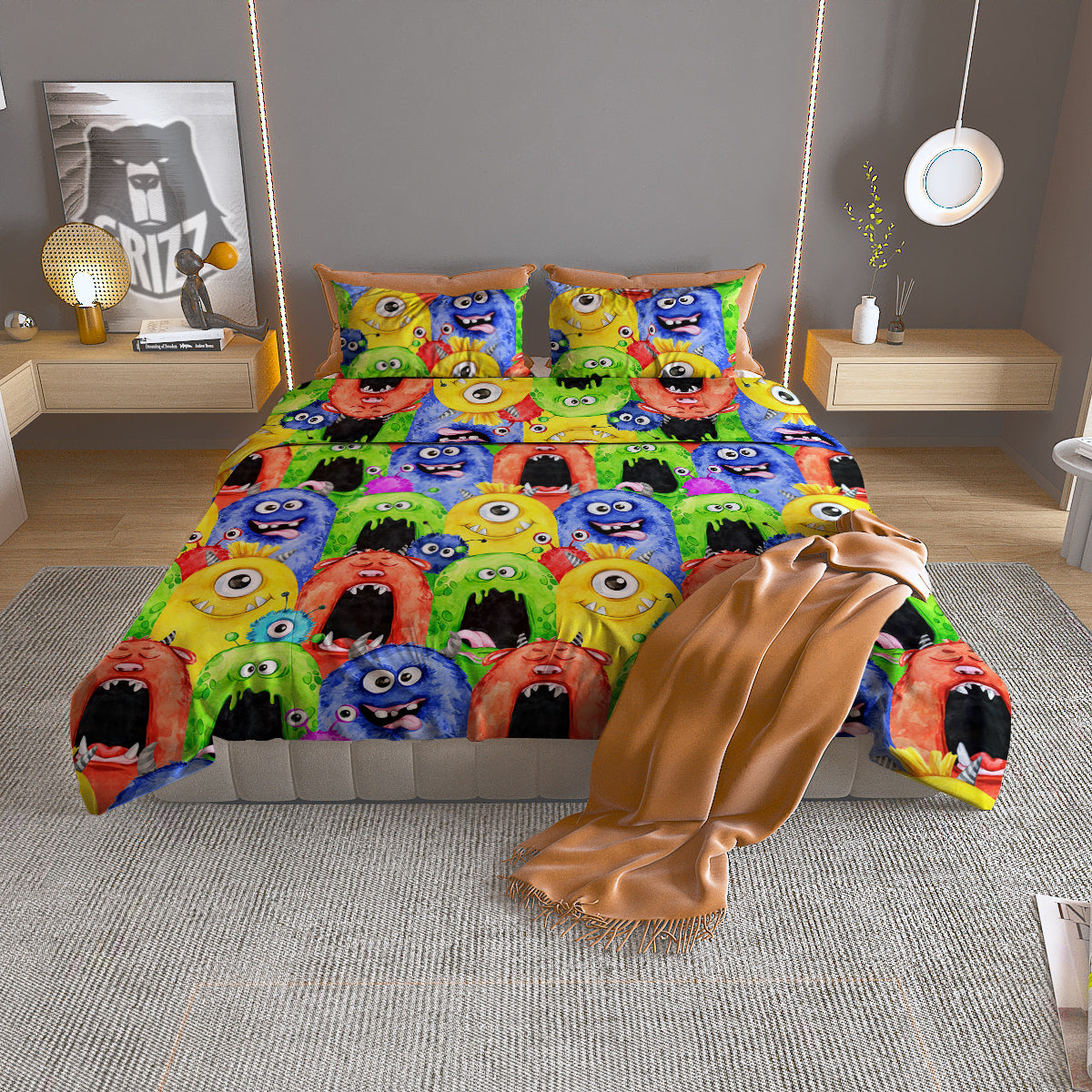 Monster Watercolor Print Pattern Duvet Cover Bedding Set