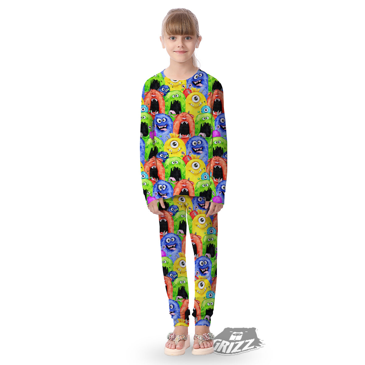 Monster Watercolor Print Pattern Kid's Pajamas-grizzshop
