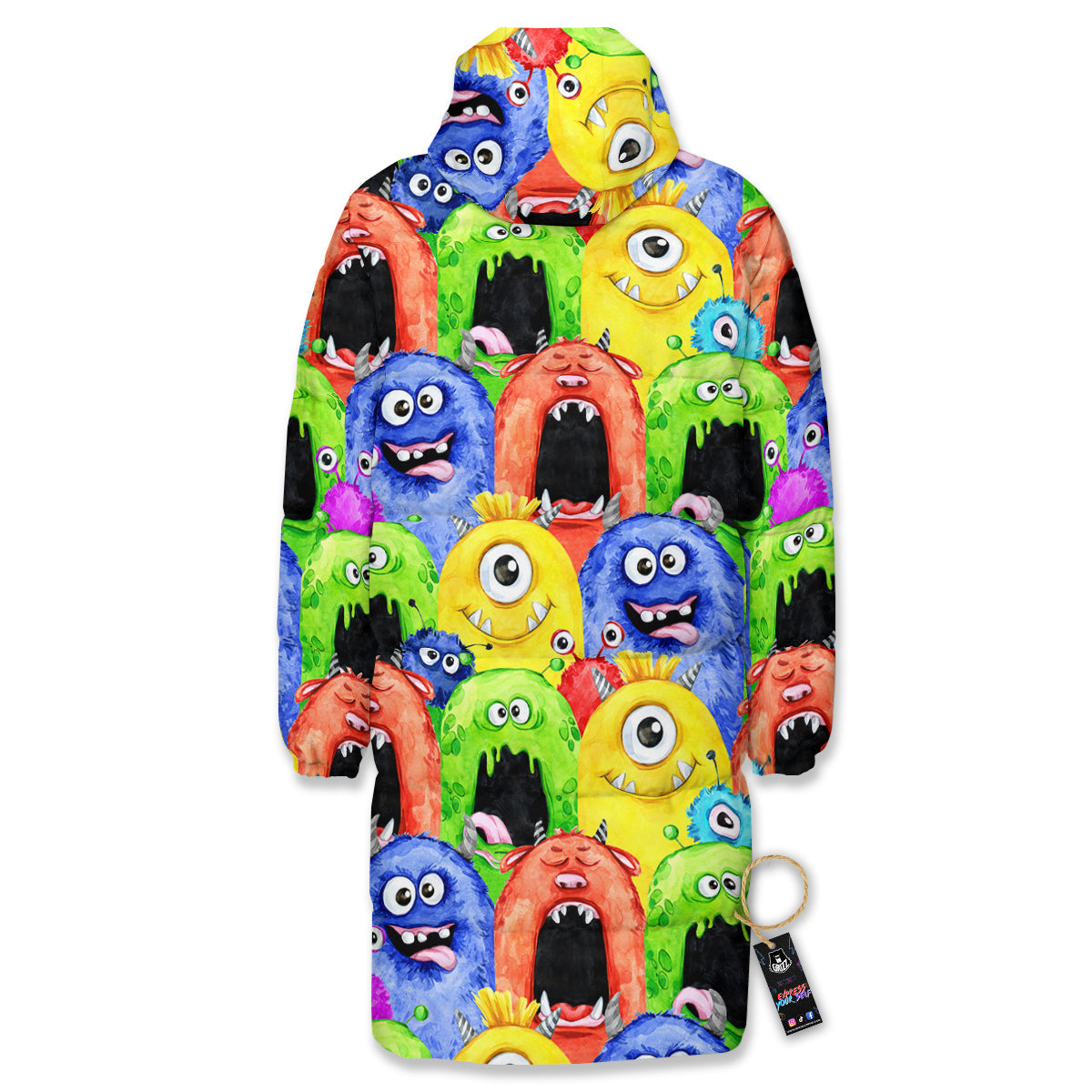 Monster Watercolor Print Pattern Long Down Jacket-grizzshop