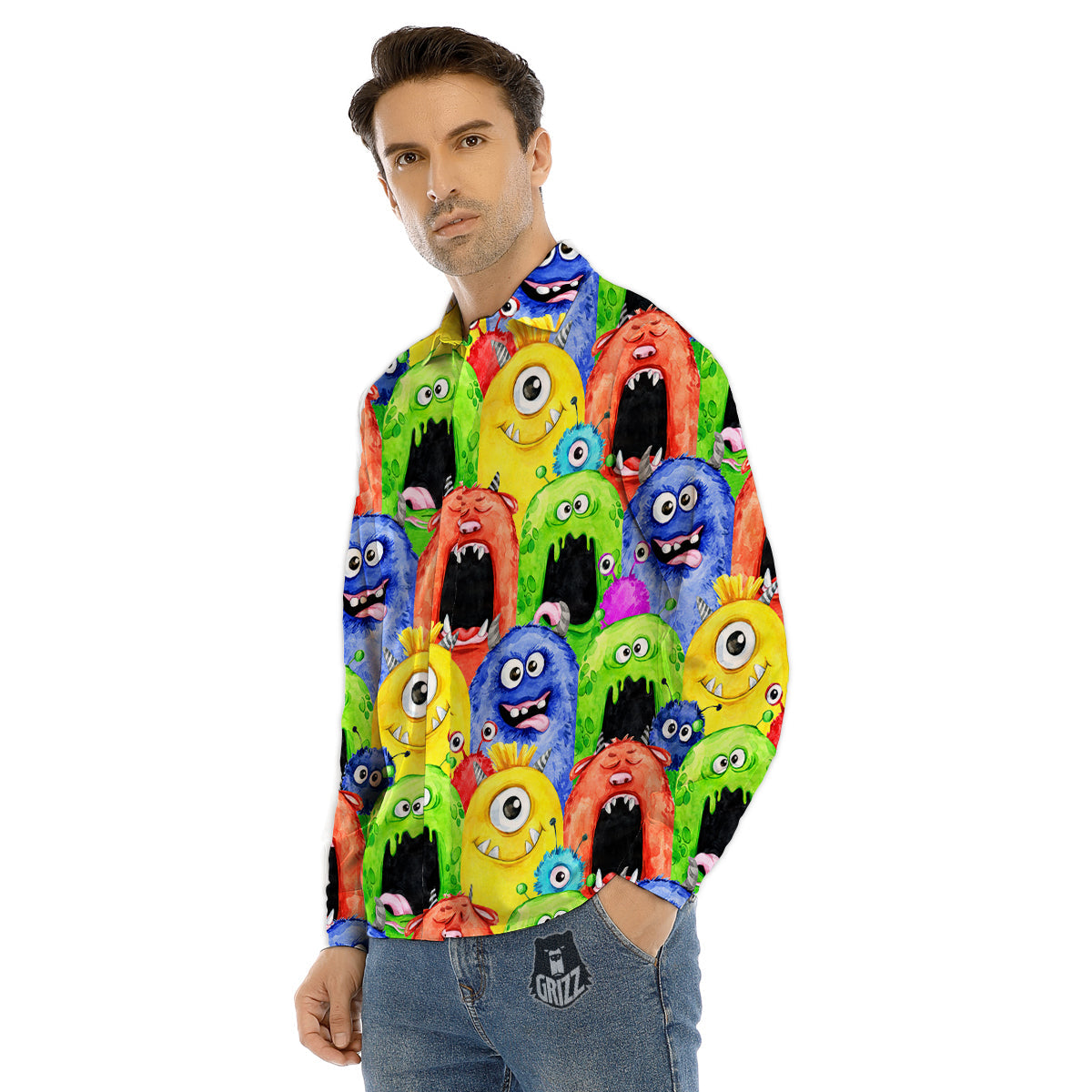 Monster Watercolor Print Pattern Men's Dress Shirts-grizzshop