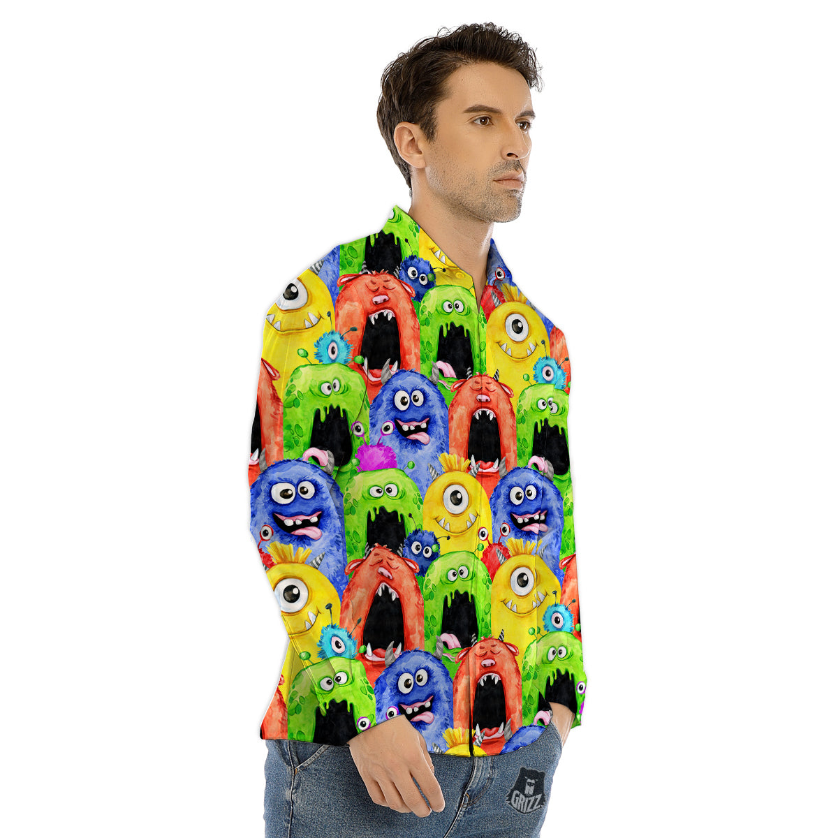 Monster Watercolor Print Pattern Men's Dress Shirts-grizzshop
