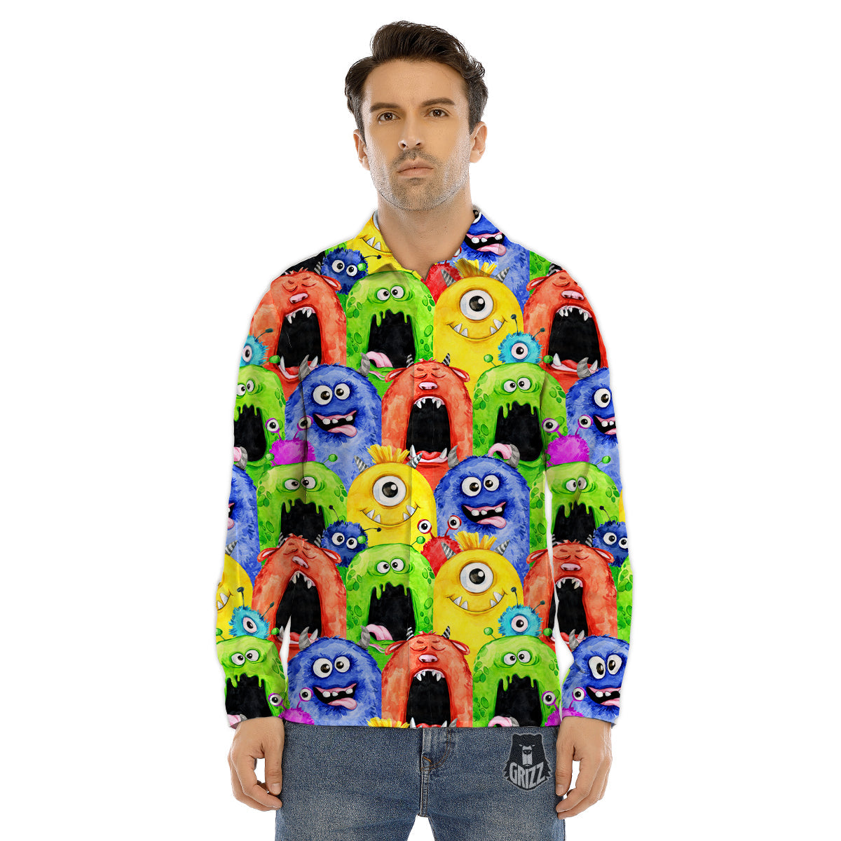 Monster Watercolor Print Pattern Men's Dress Shirts-grizzshop