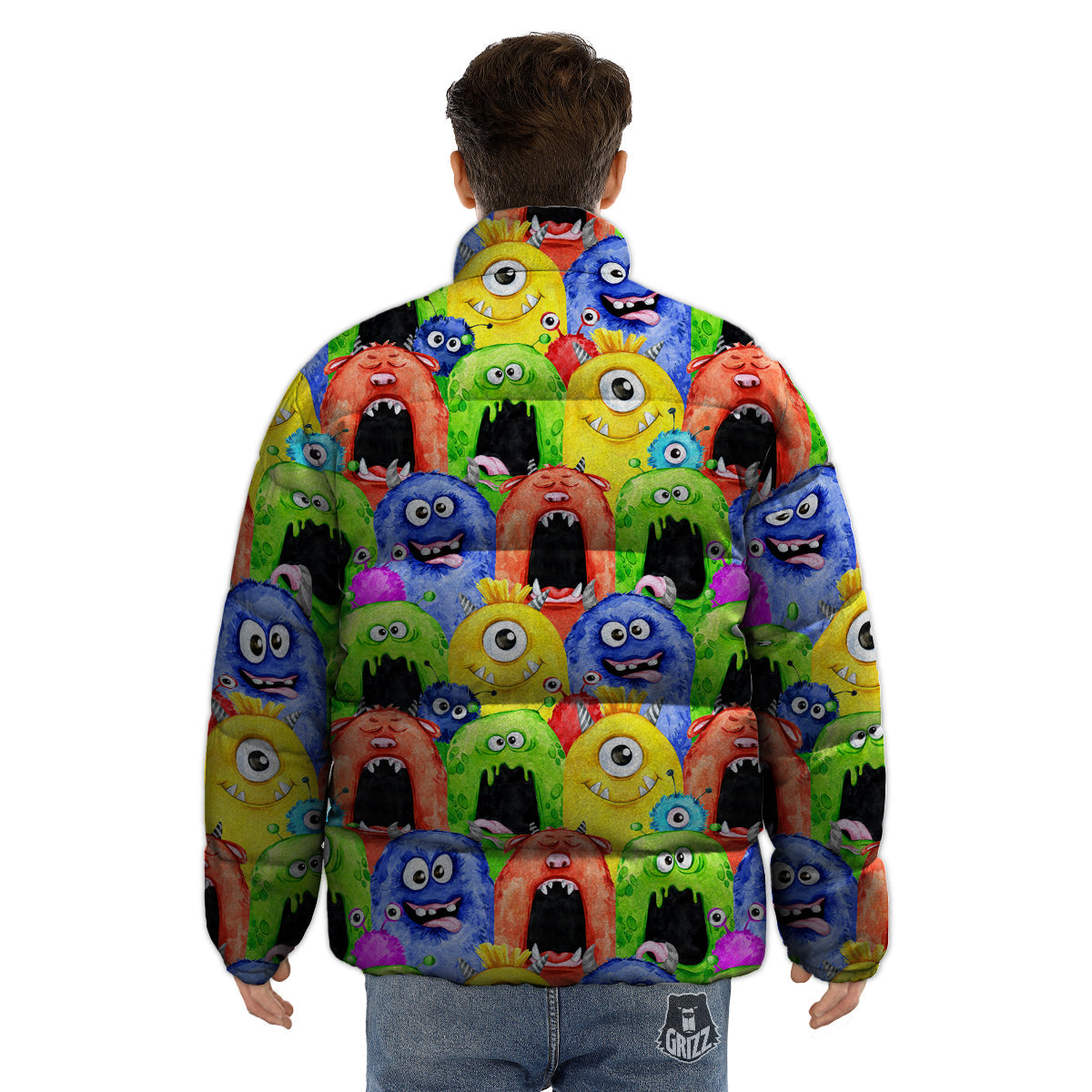 Monster Watercolor Print Pattern Puffer Jacket-grizzshop