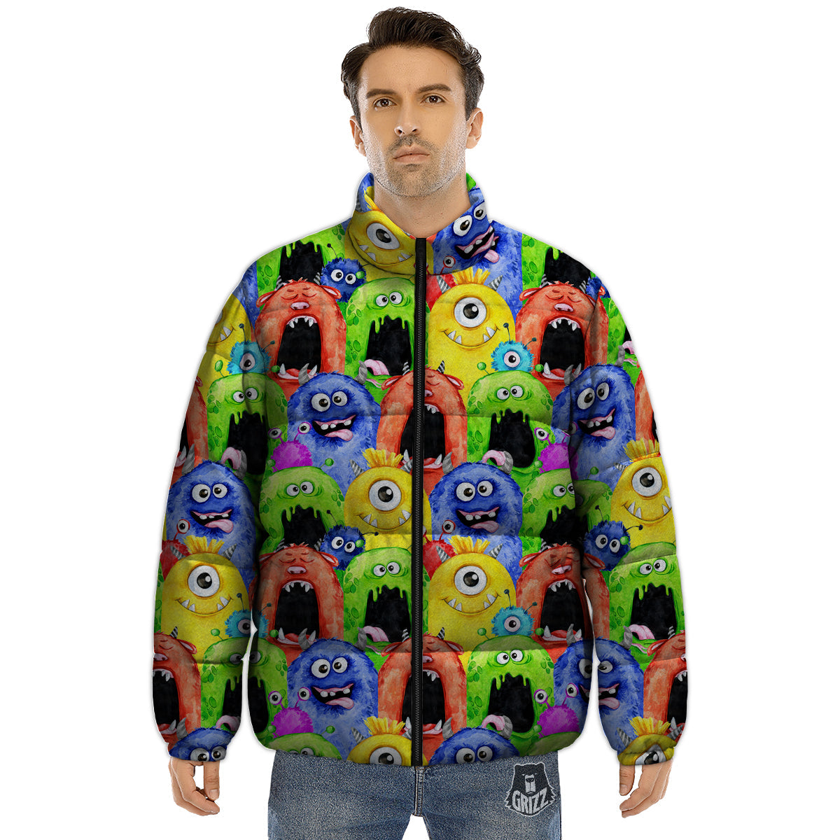 Monster Watercolor Print Pattern Puffer Jacket-grizzshop
