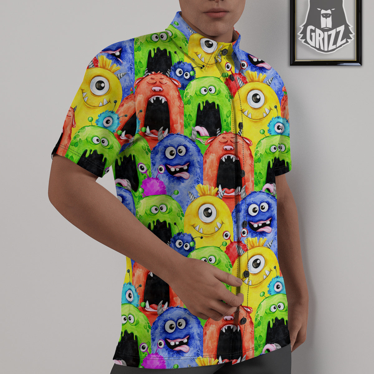 Monster Watercolor Print Pattern Untucked Shirts-grizzshop