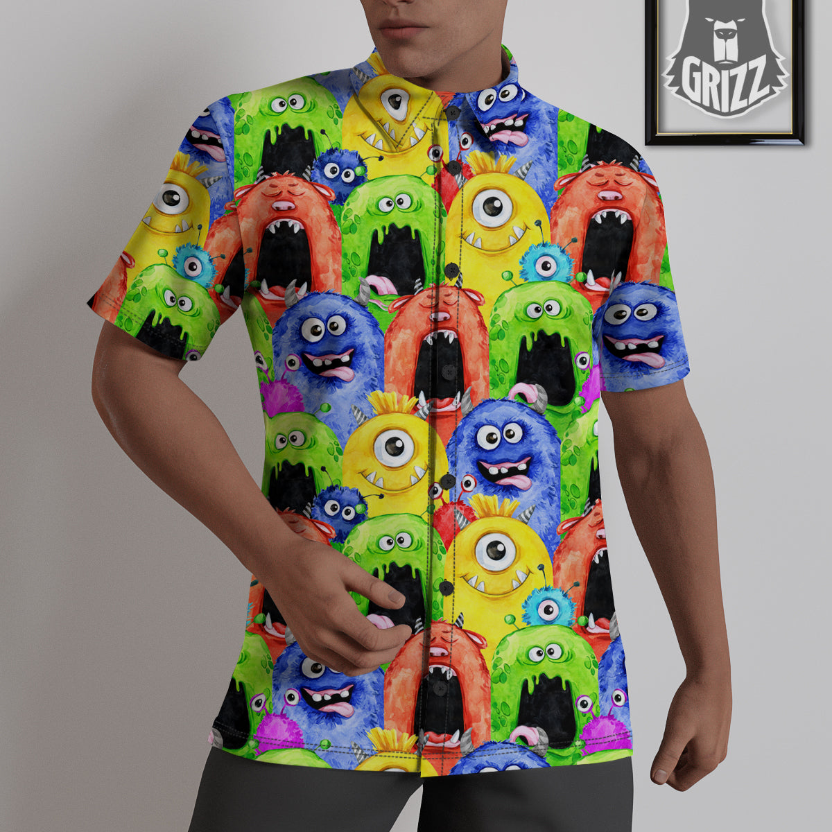 Monster Watercolor Print Pattern Untucked Shirts-grizzshop