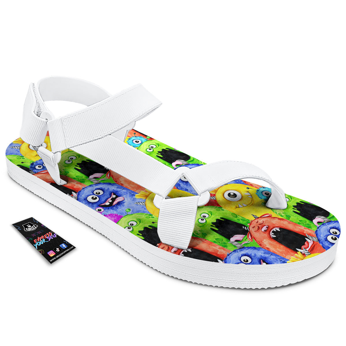Monster Watercolor Print Pattern White Open Toe Sandals-grizzshop