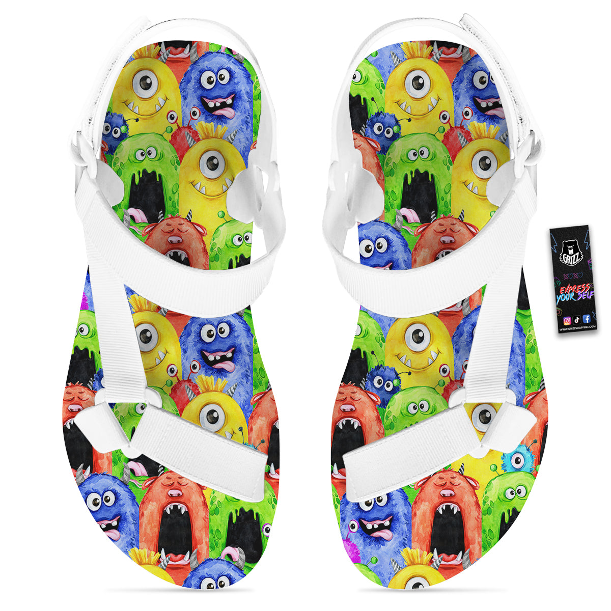 Monster Watercolor Print Pattern White Open Toe Sandals-grizzshop