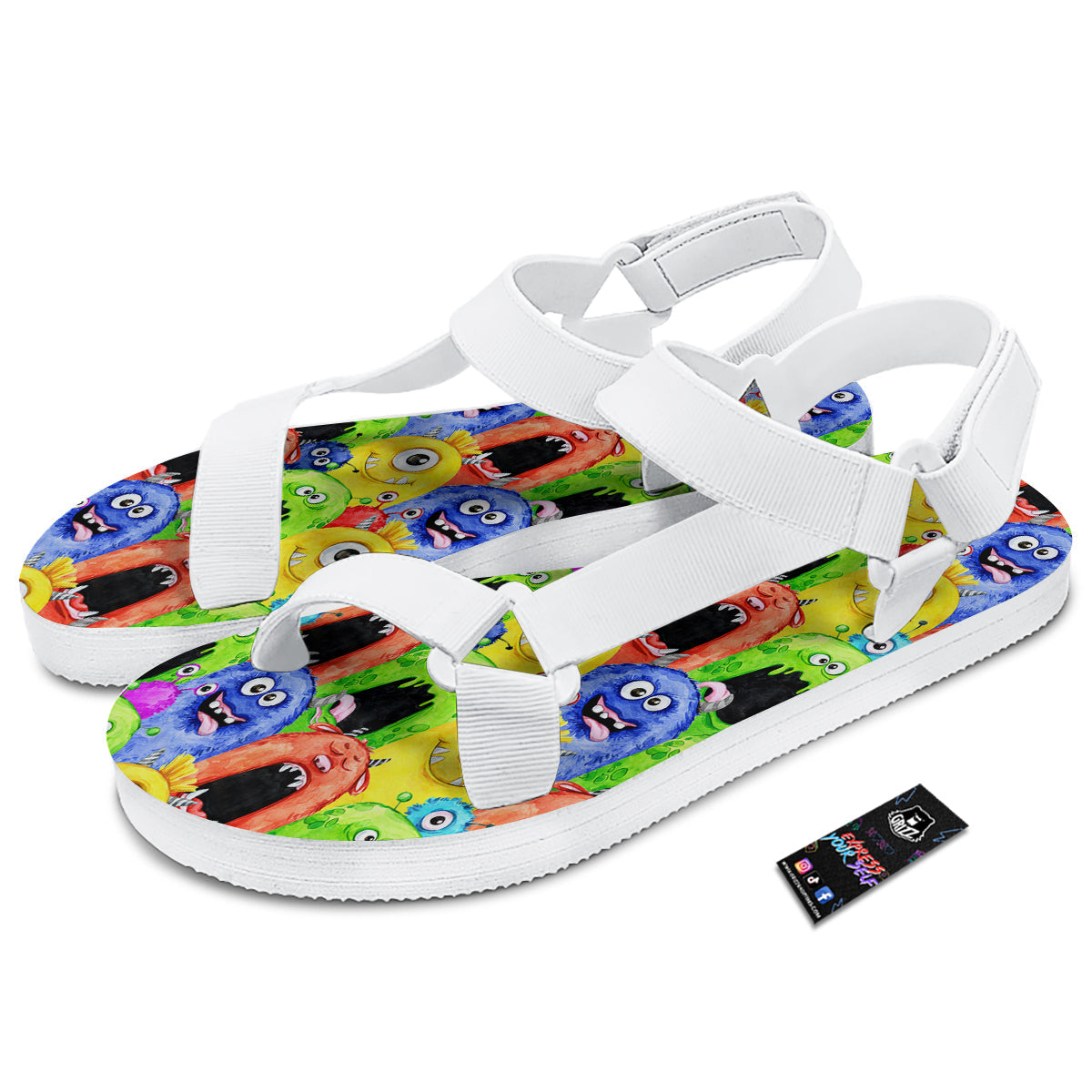 Monster Watercolor Print Pattern White Open Toe Sandals-grizzshop