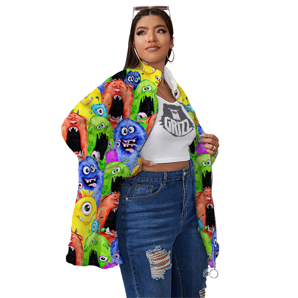 Monster Watercolor Print Pattern Women's Sherpa Jacket-grizzshop