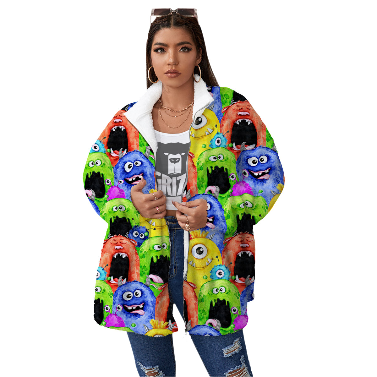 Monster Watercolor Print Pattern Women's Sherpa Jacket-grizzshop