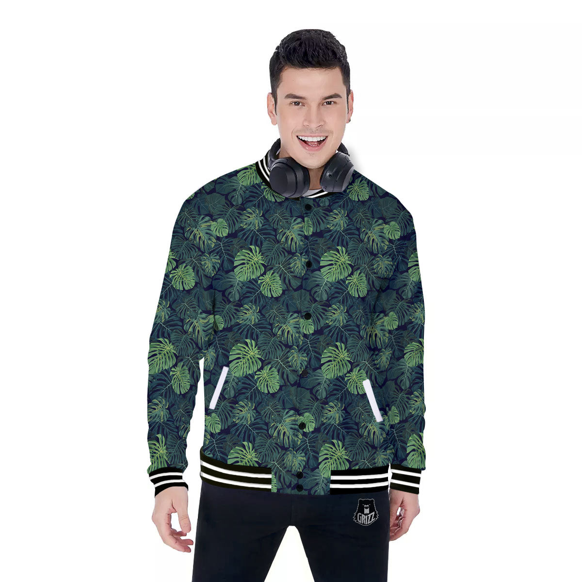 Monstera Green Tropical Print Pattern Baseball Jacket-grizzshop