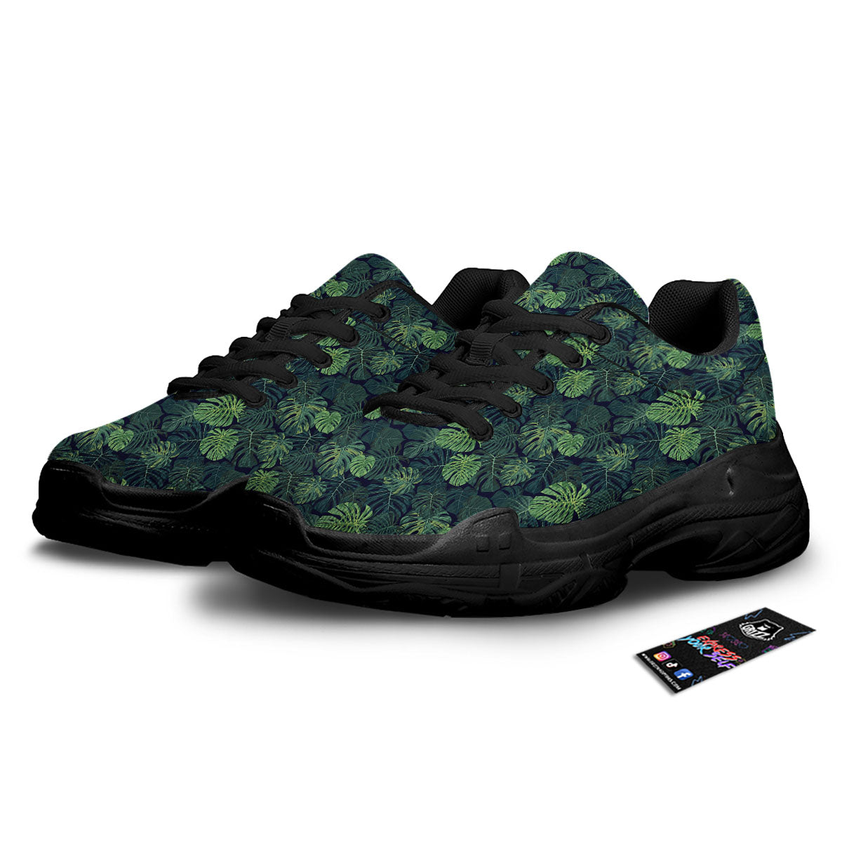 Monstera Green Tropical Print Pattern Black Chunky Shoes-grizzshop