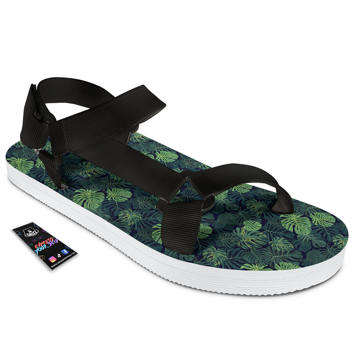 Monstera Green Tropical Print Pattern Black Open Toe Sandals-grizzshop